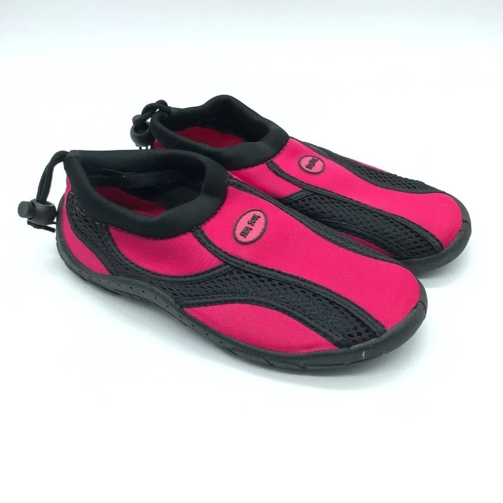 Sea Sox Girls Water Shoes Fabric Drawstring Slip On Mesh Black Pink Size 4